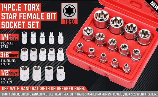 SEDY 14-Piece E-TORX Socket Set - Premium Female Torx Socket Set, Ultimate Torque Star Sockets, External Torx Sockets, E4 E5 E6 E7 E8 E10 E11 E12 E14 E16 E18 E20 E22 E24 - style: 14-Piece E-Torx - (E4-E24)