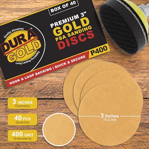 Dura-Gold - Premium - 400 Grit 3" Gold Hook & Loop Sanding Discs for DA - size: 400-Grit