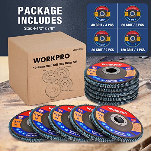 WORKPRO 10-Pack Zirconia Flap Discs, 4-1/2" x 7/8", T29 - style: Multi Grit