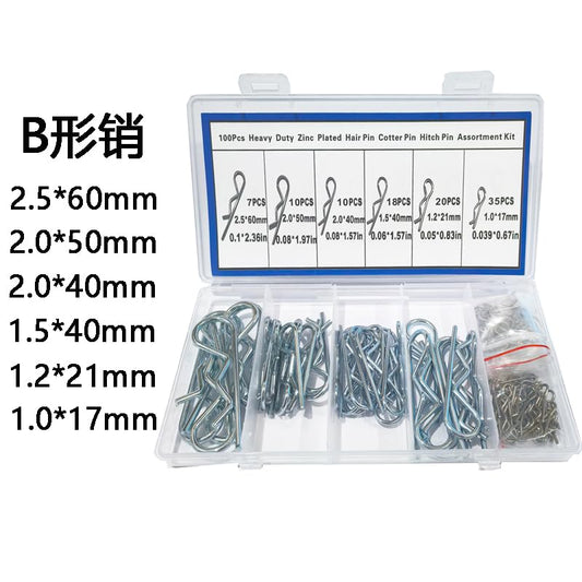 100pcs Type B Cotter Pins Spring Connectors 2.5mm, R-Clip Splined Cotter Pin Series Zinc-Plated Spring Pins Safety Pin Kit