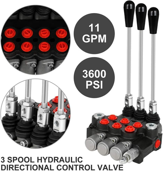 Hydraulic Flow Control Valve, 3 Spool 11 GPM G Ports Hydraulic Directional Control Valves Adjustable Relief Double Acting Parallel Center Tractor Loader W/Small Tractors/Tanks Loaders Log Splitters - size: 3 Spool 11 GPM