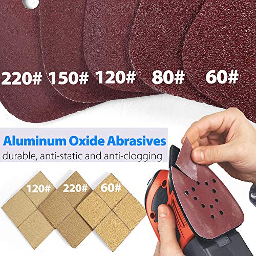 Sanding Sheets for Black and Decker Mouse Sanders, 50PCS 60 80 120 150 220 Grit Sandpaper Assortment with Extra Tips for Replacement, 12 Holes Hook and Loop Detail Sander Sanding Pads Sand Paper - size: 60/80/120/150/220 Grit with Extra Tips