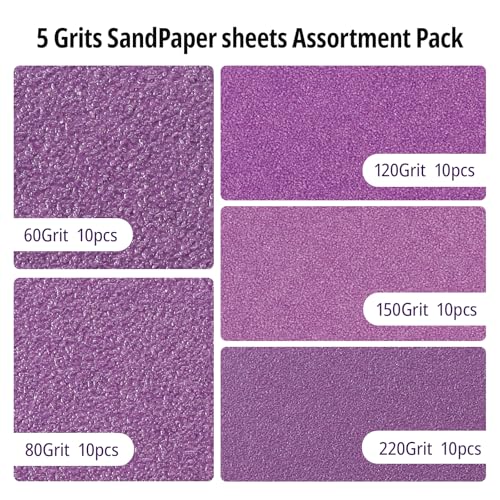 1/4 Sheet Sandpaper Assortment for Palm Sander – 50Pcs Wet/Dry Sand Paper 60/80/120/150/220 Grit, Sandpaper for Wood, Metal, Drywall, Automotive Polishing (4.5" x 5.5") Purple