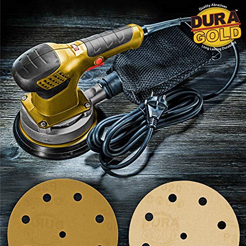 Dura-Gold 5" Gold Sanding Discs, 320 Grit, Box of 50, 9 Hole Pattern, H & L - size: 320-Grit