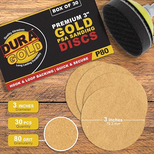 Dura-Gold - Premium - 80 Grit 3" Gold Hook & Loop Sanding Discs for DA - size: 80-Grit