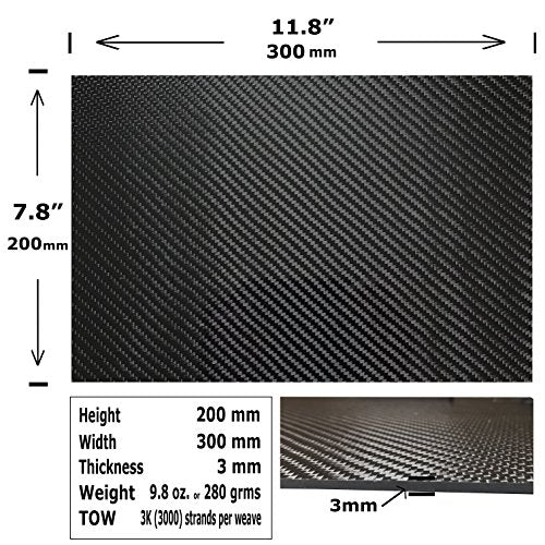 – 300mm x 200mm x 3mm – 100% - Pure Carbon Fiber Laminate Plate Panel – Black - 3K Plain Weave - Glossy Surface – for CNC Machining, Drones, Radio Control Cars, Boats – Nano tech Material - size: 3 - Plates