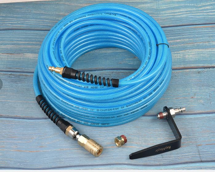 RayMagic Air Compressor Hose 1/4 Inch x 100 Feet Flexible Reinforced Polyurethane (PU) Air Hose 300PSI with Brass Fittings, Strain Reliefs, 1/4" 360 Swivel Coupler and Plug,1PCS Hook For Nailer, Blue - color: Blue