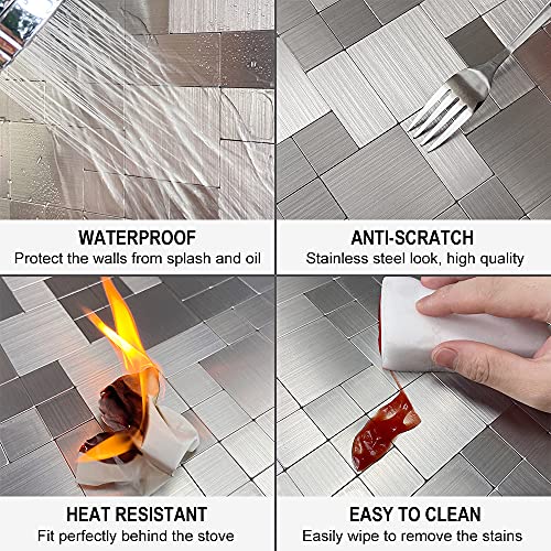 DICOFUN 10-Sheet Peel and Stick on Tile Backsplash Stainless Steel Metal for Kitchen Stove - color: Brushed Aluminum, size: 10 Sheets, 12"x12"x0.12"