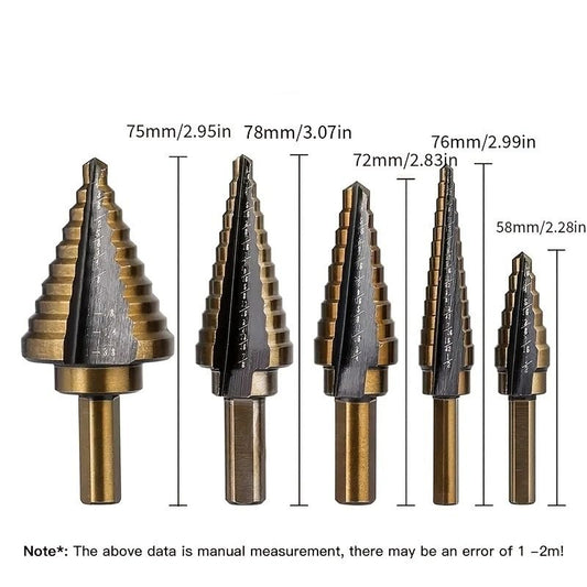 5PCS Step Drill Bit Set Carbon Steel HSS Cobalt Titanium Conical 50 Sizes Aluminum Case for Construction Carpentry Metalwork - color: Multicolor
