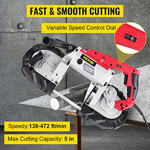 VEVOR Portable Band Saw, 5Inch Cutting Capacity Corded BandSaw, Variable Speed Hand held Band Saw,10Amp Motor Portable Bandsaw, Deep Cut Bandsaw for Metal Wood Tubing Pipes Rebar and Plastic - style: No Base