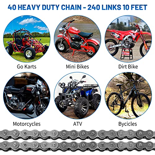 ANSI #40 Roller Chain, 10 Feet 240 Links with 5 Connecting Links, 1/2 Inch Pitch, Fits Go Karts, Mini Bikes, Scooters, Motorcycles, Bicycles, ATVs, Dirt Bikes and Industrial Machinery - size: 10 Feet, style: 240 Links