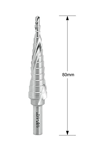 Industrial HSS Step Drill Bit 1/8'' to 1/2'' with 1/4'' Shank, Unibit Double Spiral Flute with 13 Step Size for Metal, Stainless Steel, Aluminum, Plastic - size: 1/8''-1/2''