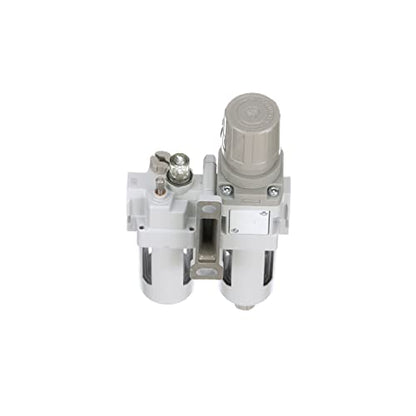 PneumaticPlus SAU310-N03G Compressed Air Filter Regulator Lubricator Piggyback Combo 3/8" NPT - Poly Bowl, Manual Drain, Bracket, Gauge