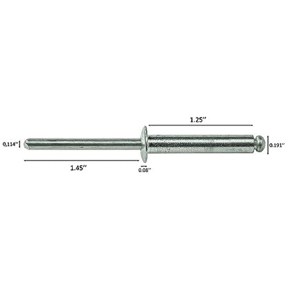 Aluminum Pop Rivets 3/16" x 1-1/4" Dome Head Blind 6-20 Gap 1.126"-1.250" Set of 25pcs
