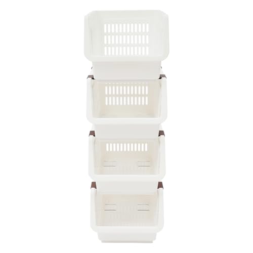 4 Pcs Open Front Stackable Storage Bins, PP Stacking Organizer Baskets with Rolling Wheels, Telescopic Buckles, Nestable, 38.58lbs Load (White) - color: White