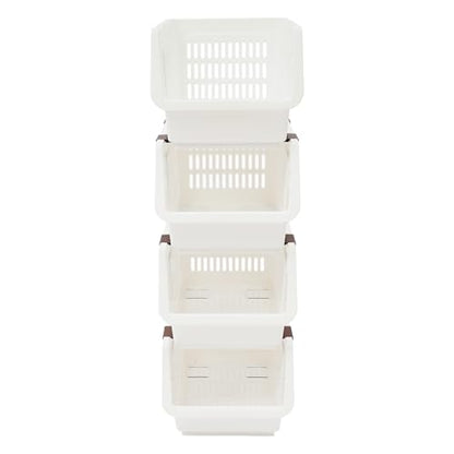 4 Pcs Open Front Stackable Storage Bins, PP Stacking Organizer Baskets with Rolling Wheels, Telescopic Buckles, Nestable, 38.58lbs Load (White) - color: White