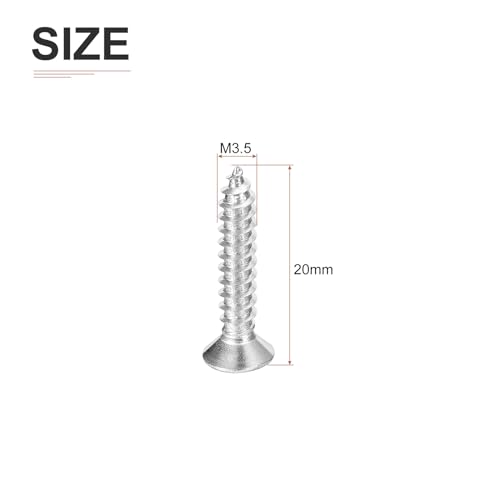 DTGN 100Pcs M3.5x20mm Flat Head Wood Screws, 304 Stainless Steel Phillips Self Tapping Screws - Good for Woodworking, Furniture - Silver - size: M3.5x20mm