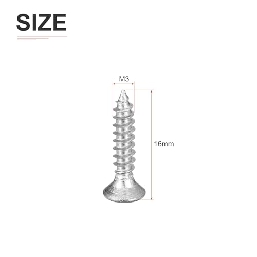 DTGN 100Pcs M3x16mm Flat Head Wood Screws, 304 Stainless Steel Phillips Self Tapping Screws - Good for Woodworking, Furniture - Silver - size: M3x16mm