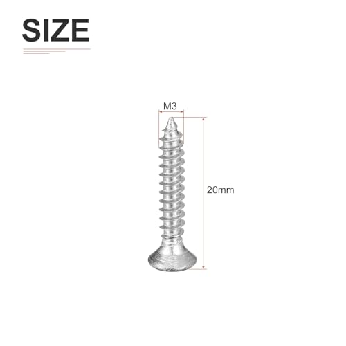 DTGN 100Pcs M3x20mm Flat Head Wood Screws, 304 Stainless Steel Phillips Self Tapping Screws - Good for Woodworking, Furniture - Silver - size: M3x20mm