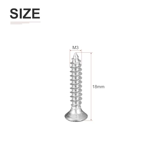 DTGN 100Pcs M3x18mm Flat Head Wood Screws, 304 Stainless Steel Phillips Self Tapping Screws - Good for Woodworking, Furniture - Silver - size: M3x18mm