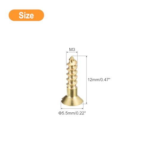 uxcell Brass Wood Screws, 30Pcs M3 x 12mm Slotted Drive Flat Head Self Tapping Screw Countersunk for Woodworking Furniture - size: M3 x 12mm