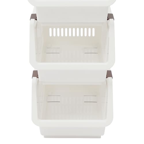 4 Pcs Open Front Stackable Storage Bins, PP Stacking Organizer Baskets with Rolling Wheels, Telescopic Buckles, Nestable, 38.58lbs Load (White) - color: White