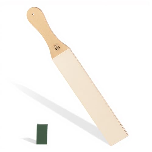 Large Knife Sharpening Leather Strop Kit with 1000 Grit 50% Diamond Paste 15-17 Microns, Green Compound, Double-Sided Paddle Honing Block for Knives, Chisels, Woodcarving Tools