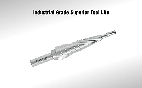 Industrial HSS Step Drill Bit 1/8'' to 1/2'' with 1/4'' Shank, Unibit Double Spiral Flute with 13 Step Size for Metal, Stainless Steel, Aluminum, Plastic - size: 1/8''-1/2''