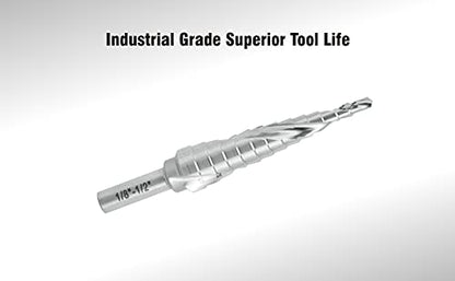 Industrial HSS Step Drill Bit 1/8'' to 1/2'' with 1/4'' Shank, Unibit Double Spiral Flute with 13 Step Size for Metal, Stainless Steel, Aluminum, Plastic - size: 1/8''-1/2''