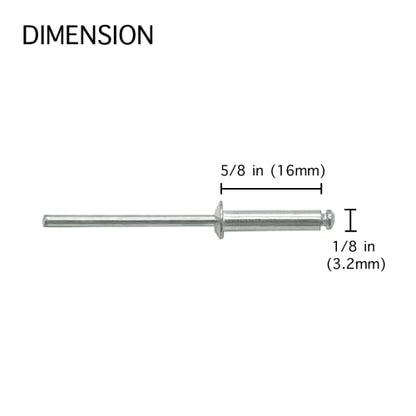 100 Pcs 1/8" x 5/8" Aluminum Pop Rivets, 3.2 x 16mm Silver Blind Rivets, Aluminum Grip and Steel Mandrel - size: 1/8" x 5/8"
