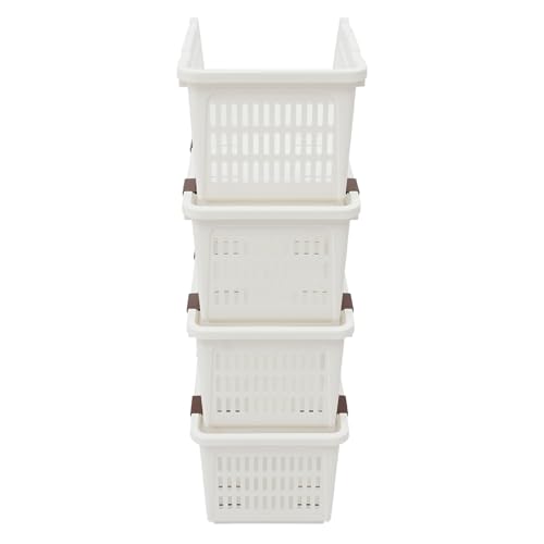 4 Pcs Open Front Stackable Storage Bins, PP Stacking Organizer Baskets with Rolling Wheels, Telescopic Buckles, Nestable, 38.58lbs Load (White) - color: White