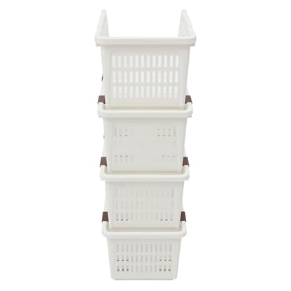 4 Pcs Open Front Stackable Storage Bins, PP Stacking Organizer Baskets with Rolling Wheels, Telescopic Buckles, Nestable, 38.58lbs Load (White) - color: White