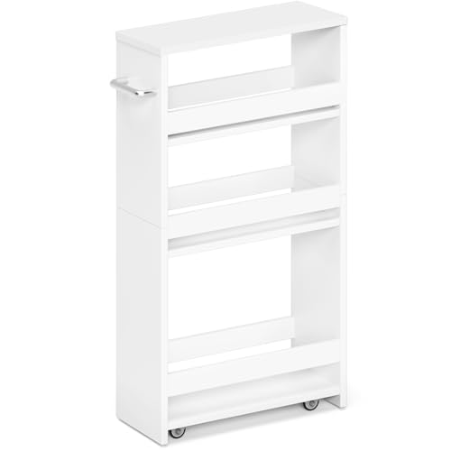 MARTY Slim Rolling Storage Cart, Wood Utility Kitchen Bathroom Laundry Cart - color: White, size: 5.51"D x 15.75"W x 31.5"H