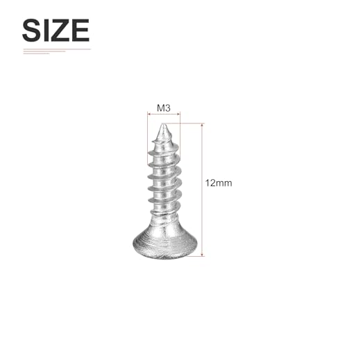 DTGN 100Pcs M3x12mm Flat Head Wood Screws, 304 Stainless Steel Phillips Self Tapping Screws - Good for Woodworking, Furniture - Silver - size: M3x12mm