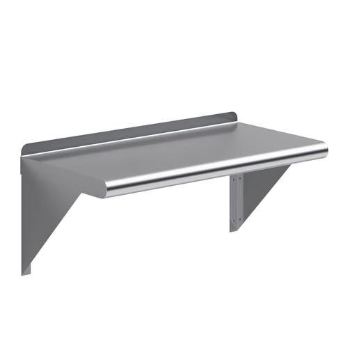 AmGood 12 in. Deep x 24 in. Wide Stainless Steel Wall Mount Shelf with Backsplash - Small Appliance & Tool Storage | NSF 18-Gauge 430, Holds 205 lbs | Bullnose Edge, Brackets Included - size: 12 in. x 24 in.