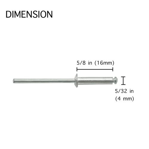 100 Pcs 5/32" x 5/8" Aluminum Pop Rivets, 4 x 16mm Blind Rivets, Aluminum Grip and Steel Mandrel - size: 5/32" x 5/8"