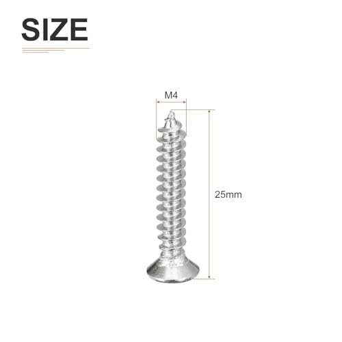 DTGN 100Pcs M4x25mm Flat Head Wood Screws, 304 Stainless Steel Phillips Self Tapping Screws - Good for Woodworking, Furniture - Silver - size: M4x25mm