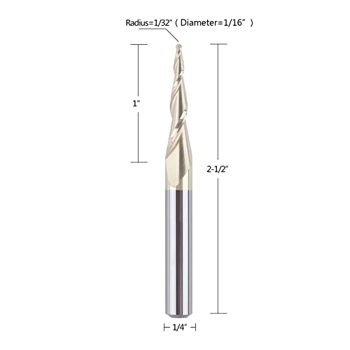 SpeTool Tapered Ball Nose End Mill 1/4" Shank with 1/32" Cutting Radius for 3D Carving Engraving Router Bit, ZrN Coated - size: Dia.=1/16
