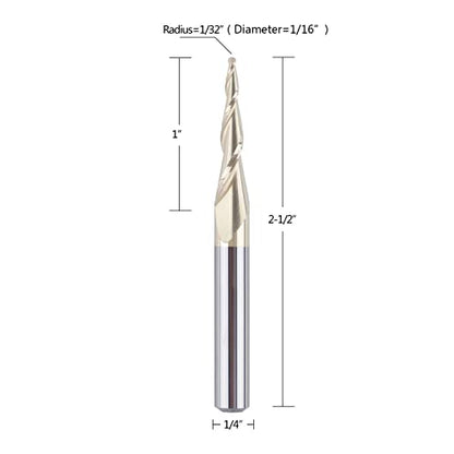 SpeTool Tapered Ball Nose End Mill 1/4" Shank with 1/32" Cutting Radius for 3D Carving Engraving Router Bit, ZrN Coated - size: Dia.=1/16