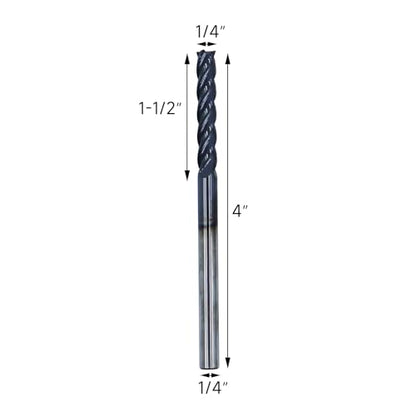 1/4in Solid Carbide Long End Mill, 4 Flute, 30 Degree Helix - size: 1/4in