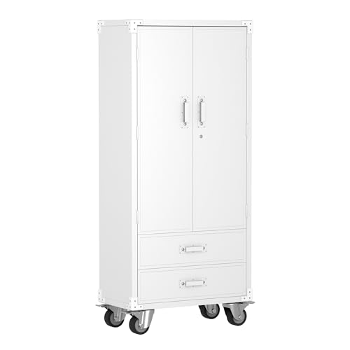 Reemoon Metal Garage Storage Cabinet with 2 Drawers, Rolling Storage Cabinet with 2 Lockable Doors for Garage Home Office,Required Assembly,White - color: White, size: 16.5"D x 31.5"W x 72"H