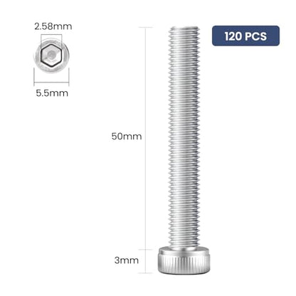 120pcs M3 x 50mm Hex Socket Head Cap Screws Bolts, 304 Stainless Steel 18-8, Allen Socket Drive,Bright Finish, Full Threads,with Hex Spanner - size: M3 x 50mm