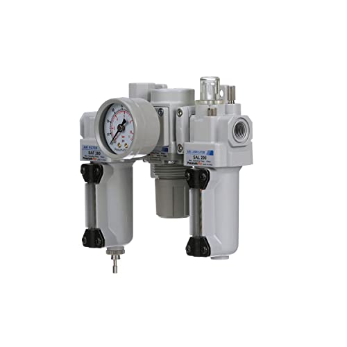 PneumaticPlus SAU200A-N02G-MEP - Dual Air System 1/4" NPT - Compressed Air Filter, Pressure Regulator & Lubricator w/Additional Free Air Port 1/4" NPT - Manual Drain, Metal Bowl - size: 1/4" NPT, style: Metal Bowl - Manual Drain