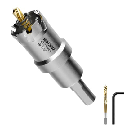 7/8" (23mm) TCT Carbide Hole Saw Kit for Metal - Heavy Duty Hole Cutter Drill Bits Set with 2 Titanium/Step Pilot Drill Bits & L-Wrench, Cuts Stainless Steel, Iron, Aluminum, Wood, Plastic - size: 23mm | 7/8"