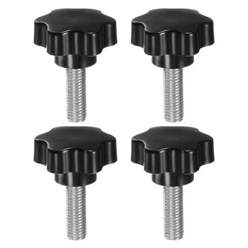 HARFINGTON 4pcs Star Knobs M12 x 40mm 304 Stainless Steel Threaded Stud 46mm Plastic 6-Star Head Hand Tightening Thumb Screw Clamping Jig Knob Handle, Black - size: M12 x 40mm x 46mm