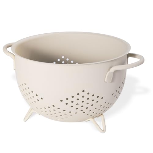 Metal Colander 5 Quart Powder Coated Self-draining Metal Strainer with Base,Kitchen Pasta Fruit Vegetable Basket with Double Handles (Sand Yellow) - color: Sand Yellow