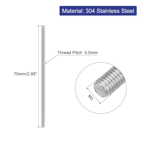 uxcell 8Pcs Fully Threaded Rod, M3 x 75mm 304 Stainless Steel Right Hand Thread Bar Studs M3-0.5 Thread Pitch for Furniture Machinery Assembly - size: M3 x 75mm