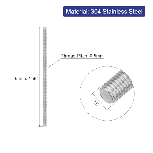uxcell 8Pcs Fully Threaded Rod, M3 x 65mm 304 Stainless Steel Right Hand Thread Bar Studs M3-0.5 Thread Pitch for Furniture Machinery Assembly - size: M3 x 65mm