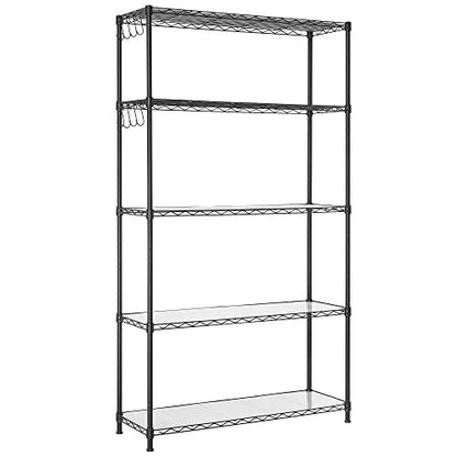 SONGMICS 5-Tier Storage Shelves, Adjustable Wire Shelving Unit, 8 Hooks - color: Ink Black, size: 5 Tiers (11.8"D x 35.4"W)