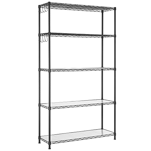 SONGMICS 5-Tier Storage Shelves, Adjustable Wire Shelving Unit, 8 Hooks - color: Ink Black, size: 5 Tiers (11.8"D x 35.4"W)